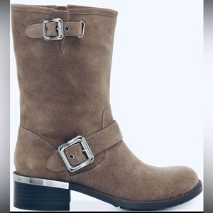 NEW Vince Camuto Windy Taupe Suede Leather Mid Calf Motorcycle Boots